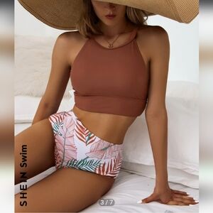 Shein Rust Bikini Top and Leaf Print Bottoms Boho Plants Tropical Size Large